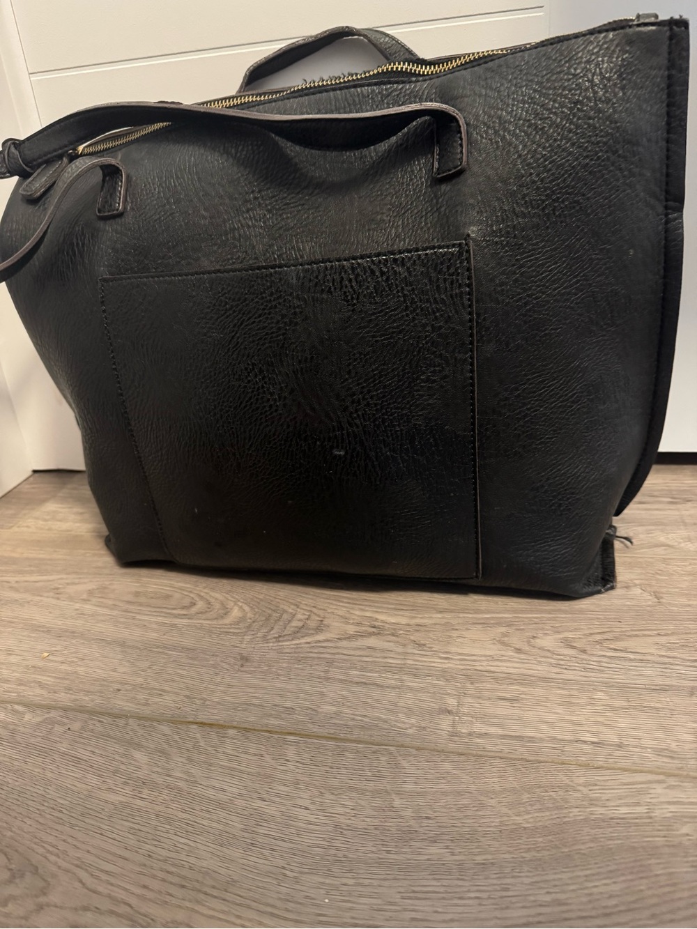 Black Leather Tote Bag with Front Pocket